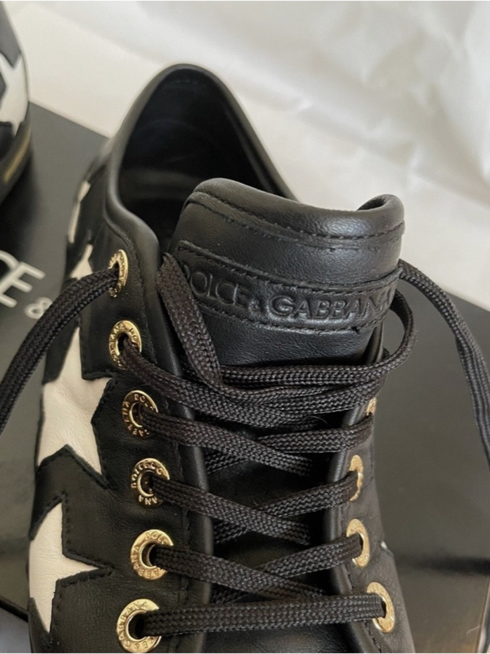 🛍️ Dolce & Gabbana Authentic Black Napa Leather White Stars Portofino Sneakers